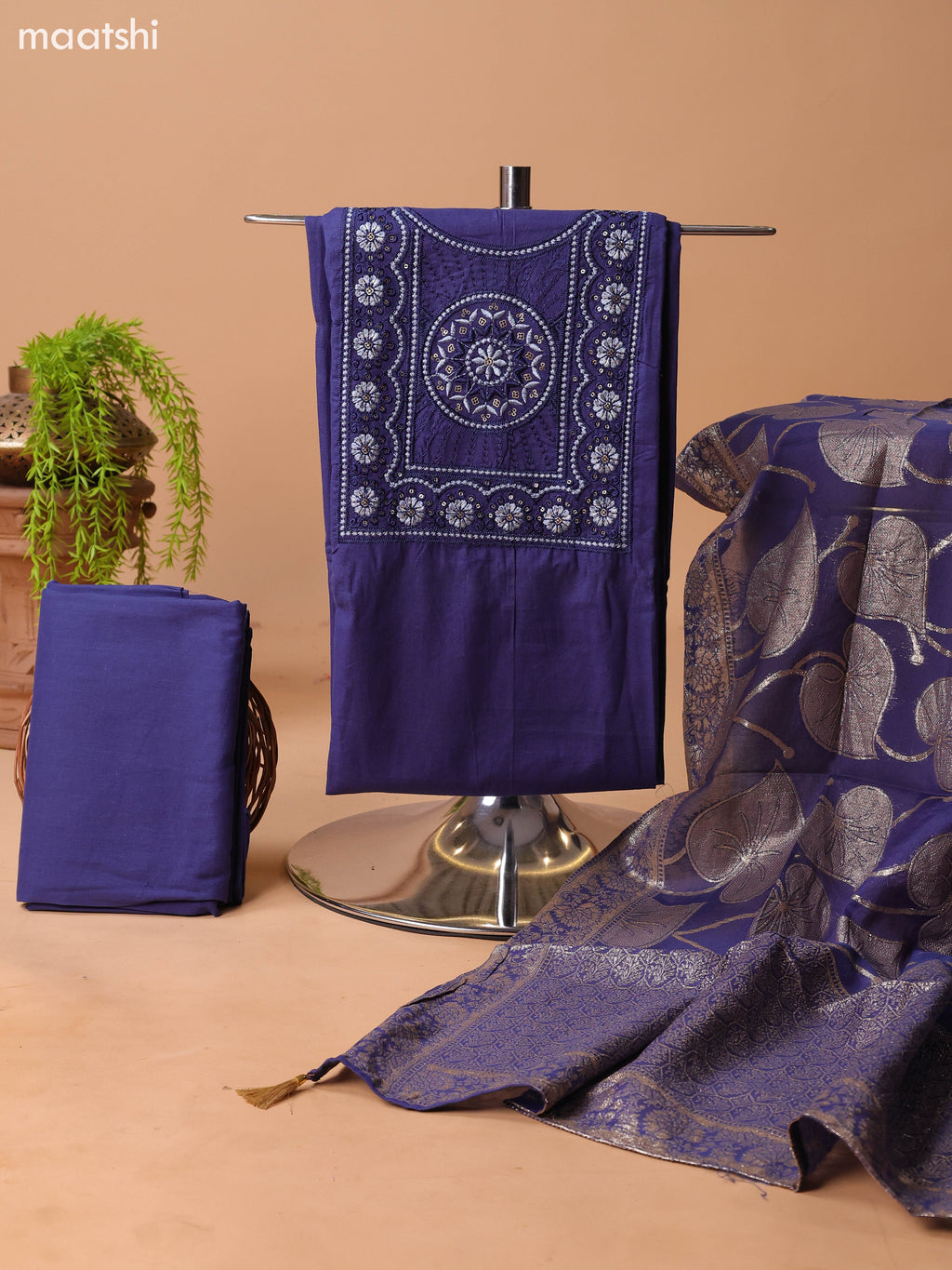 Dark Blue Cotton Dress Material With Plain Body & Embroidery Work Neck Pattern and Bottom & Dupatta