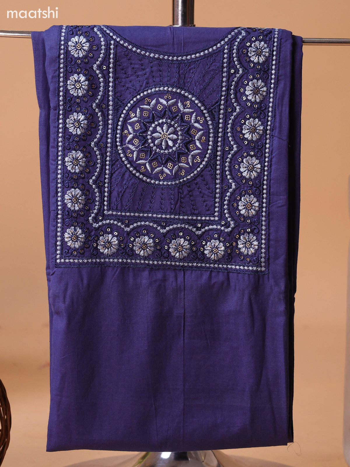 Dark Blue Cotton Dress Material With Plain Body & Embroidery Work Neck Pattern and Bottom & Dupatta