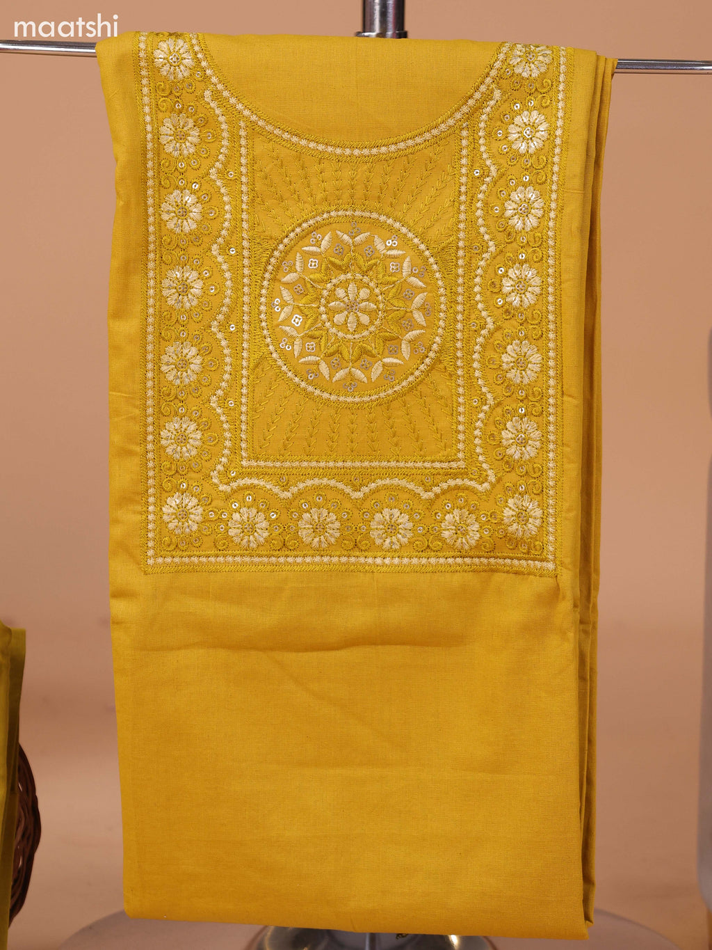 Mustard Yellow Cotton Dress Material With Plain Body & Embroidery Work Neck Pattern and Bottom & Dupatta