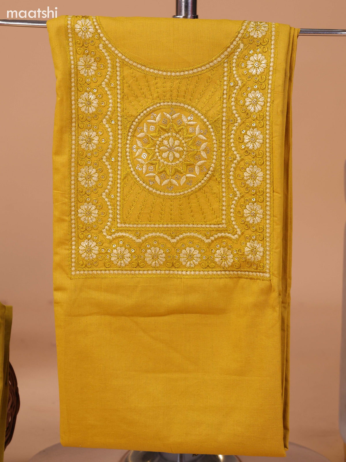 Mustard Yellow Cotton Dress Material With Plain Body & Embroidery Work Neck Pattern and Bottom & Dupatta