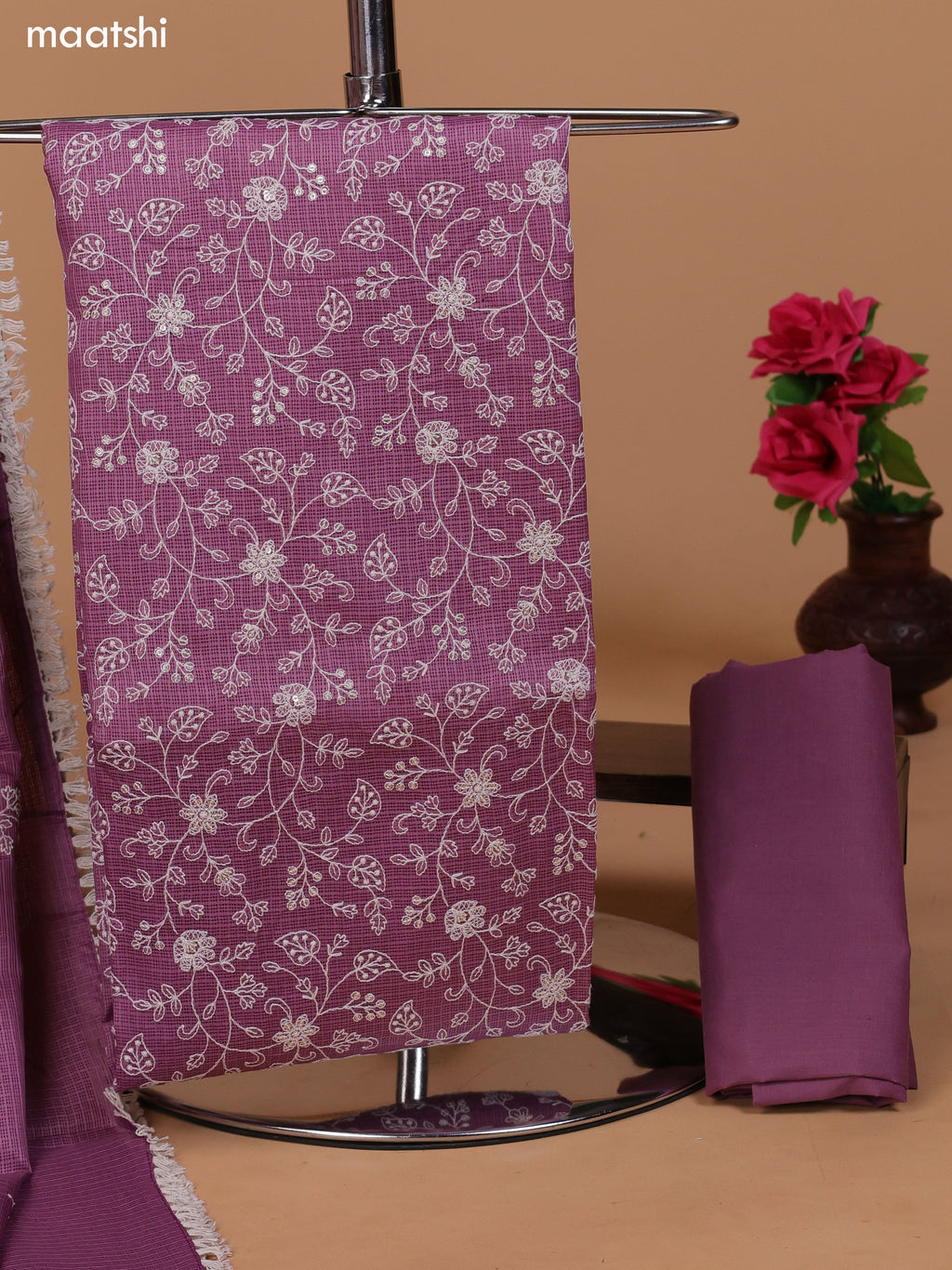 Pastel Purple and Off White Kota Dress Material With Allover Embroidery Work Pattern and Bottom & Dupatta