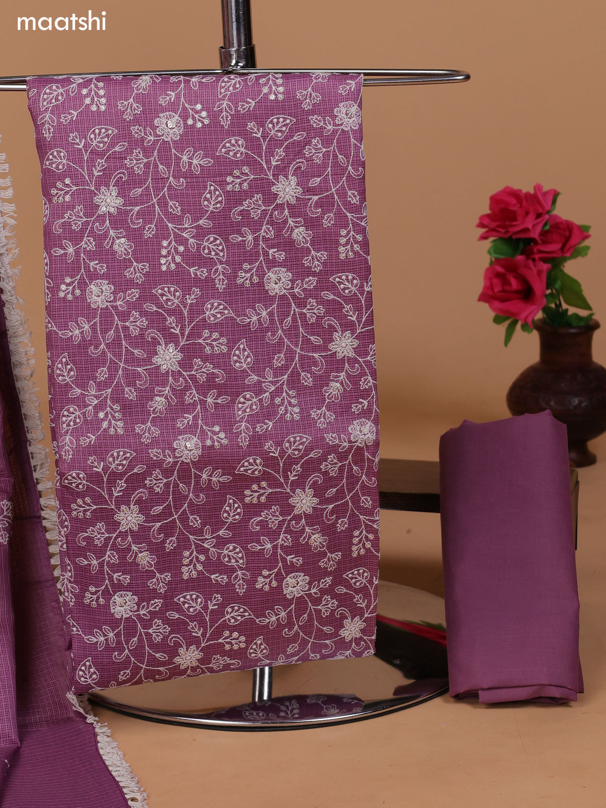 Pastel Purple and Off White Kota Dress Material With Allover Embroidery Work Pattern and Bottom & Dupatta