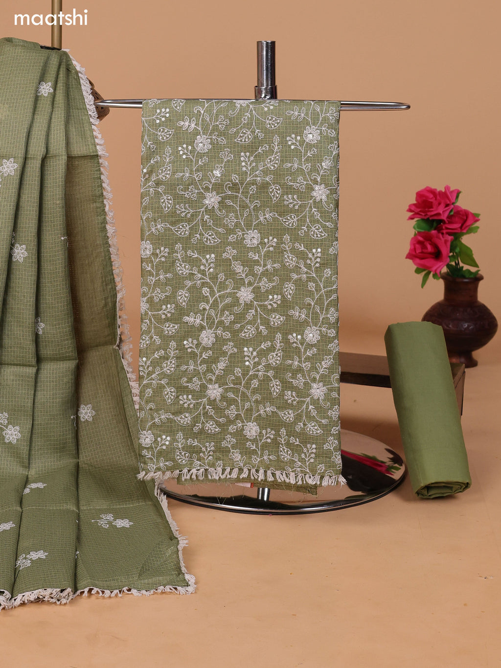 Elaichi Green and Off White Kota Dress Material With Allover Embroidery Work Pattern and Bottom & Dupatta