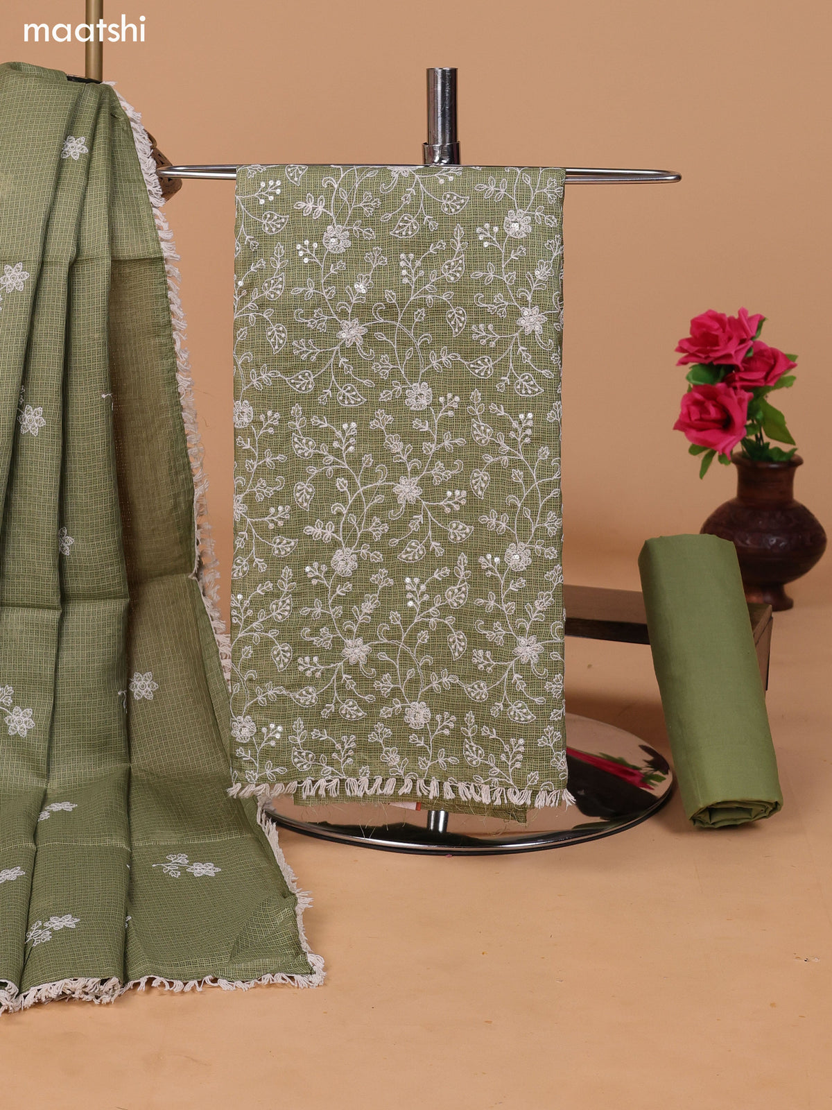 Elaichi Green and Off White Kota Dress Material With Allover Embroidery Work Pattern and Bottom & Dupatta