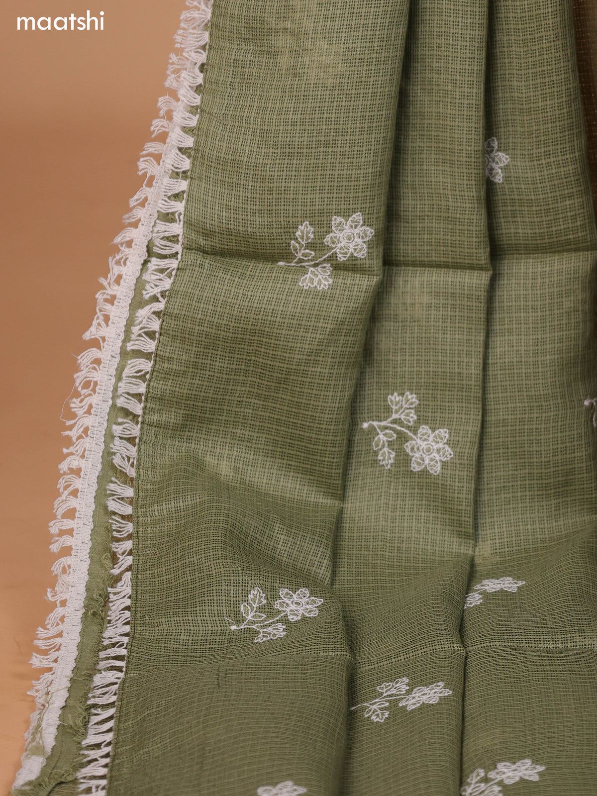 Elaichi Green and Off White Kota Dress Material With Allover Embroidery Work Pattern and Bottom & Dupatta