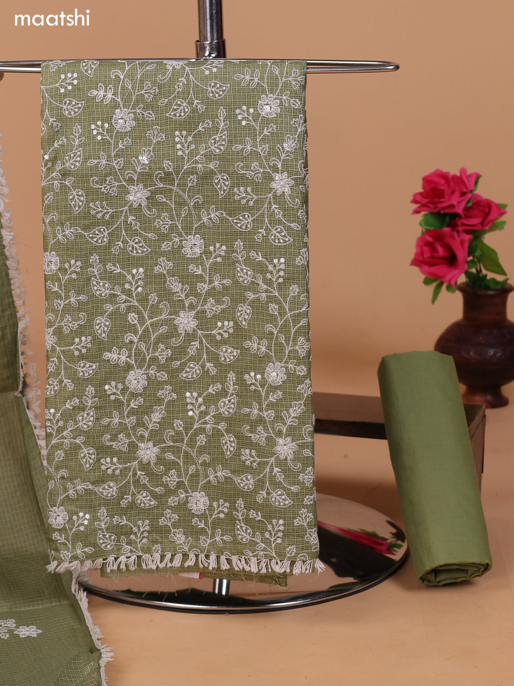 Elaichi Green and Off White Kota Dress Material With Allover Embroidery Work Pattern and Bottom & Dupatta