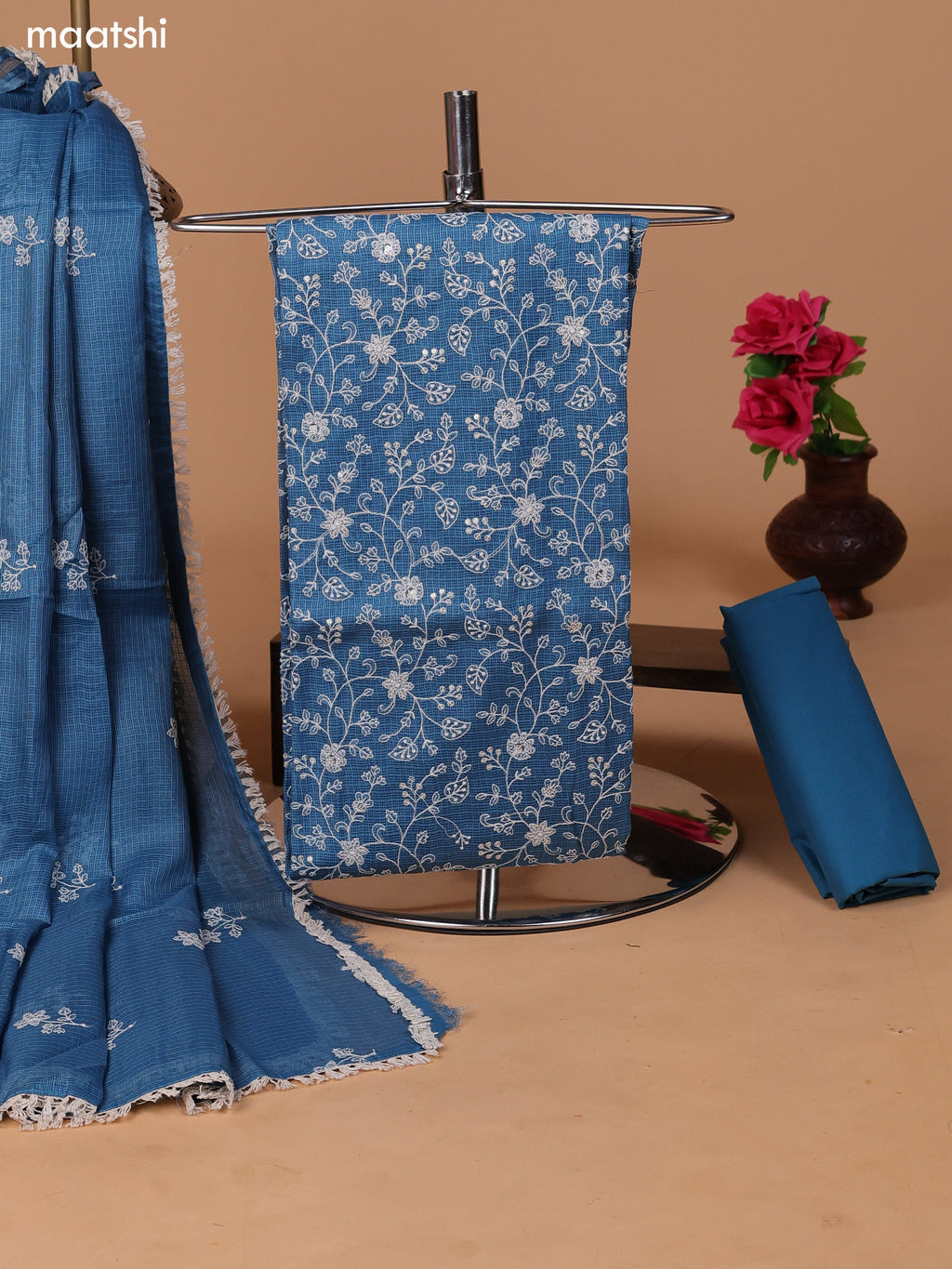 Teal Blue and Off White Kota Dress Material With Allover Embroidery Work Pattern and Bottom & Dupatta