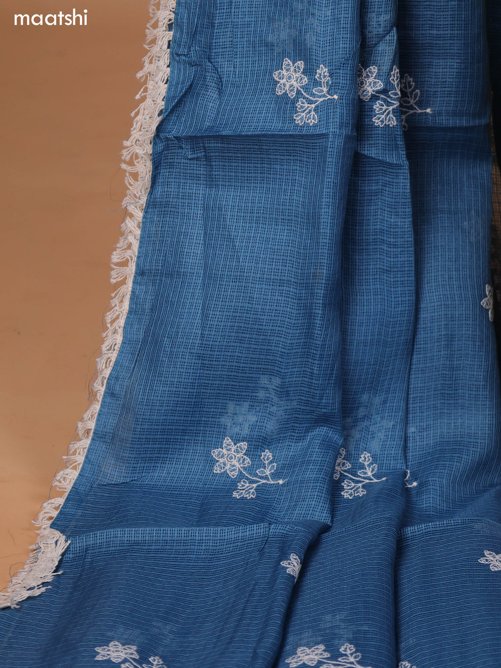 Teal Blue and Off White Kota Dress Material With Allover Embroidery Work Pattern and Bottom & Dupatta