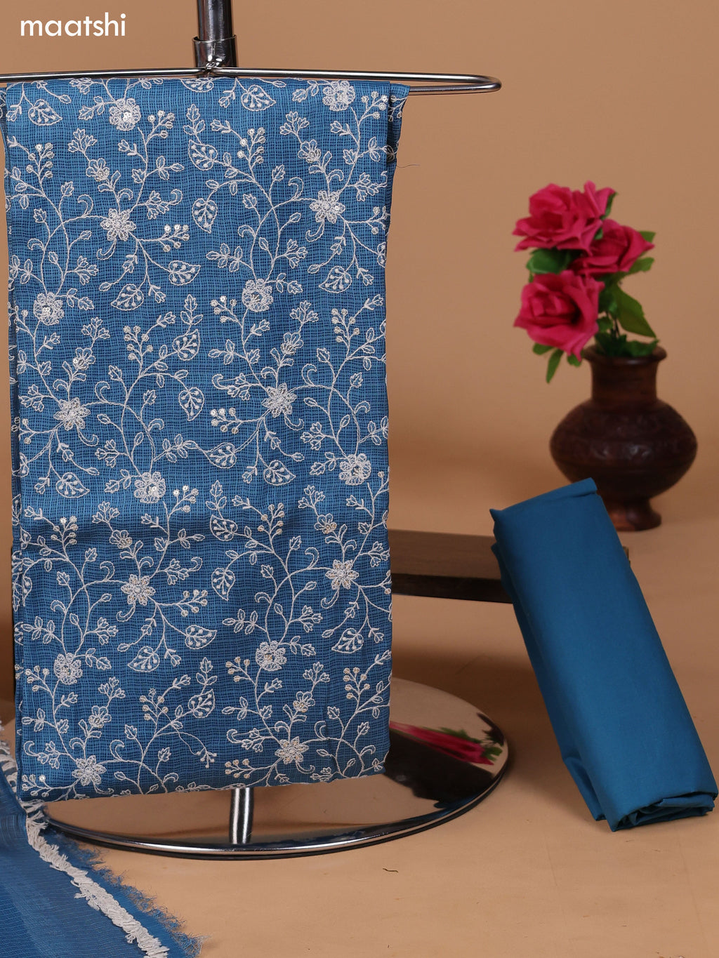 Teal Blue and Off White Kota Dress Material With Allover Embroidery Work Pattern and Bottom & Dupatta