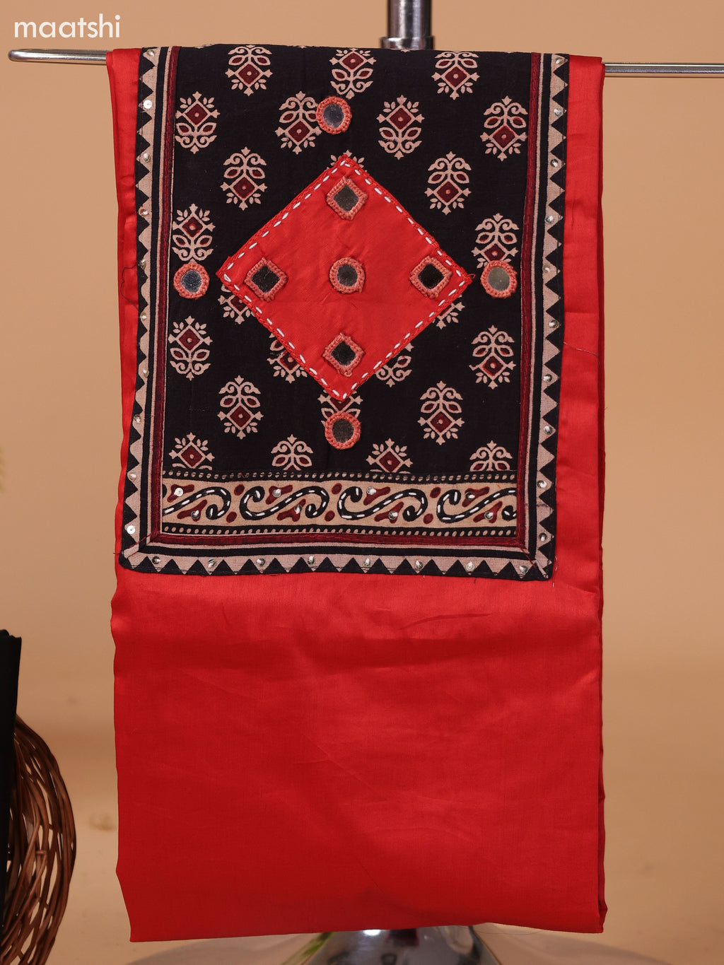 Rustic Orange and Black Cotton Dress Material With Plain Body & Patch Work Neck Pattern and Bottom & Bandhani Prints Dupatta