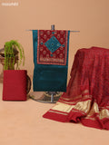 Peacock Green and Dark Rust Cotton Dress Material With Plain Body & Patch Work Neck Pattern and Bottom & Bandhani Prints Dupatta