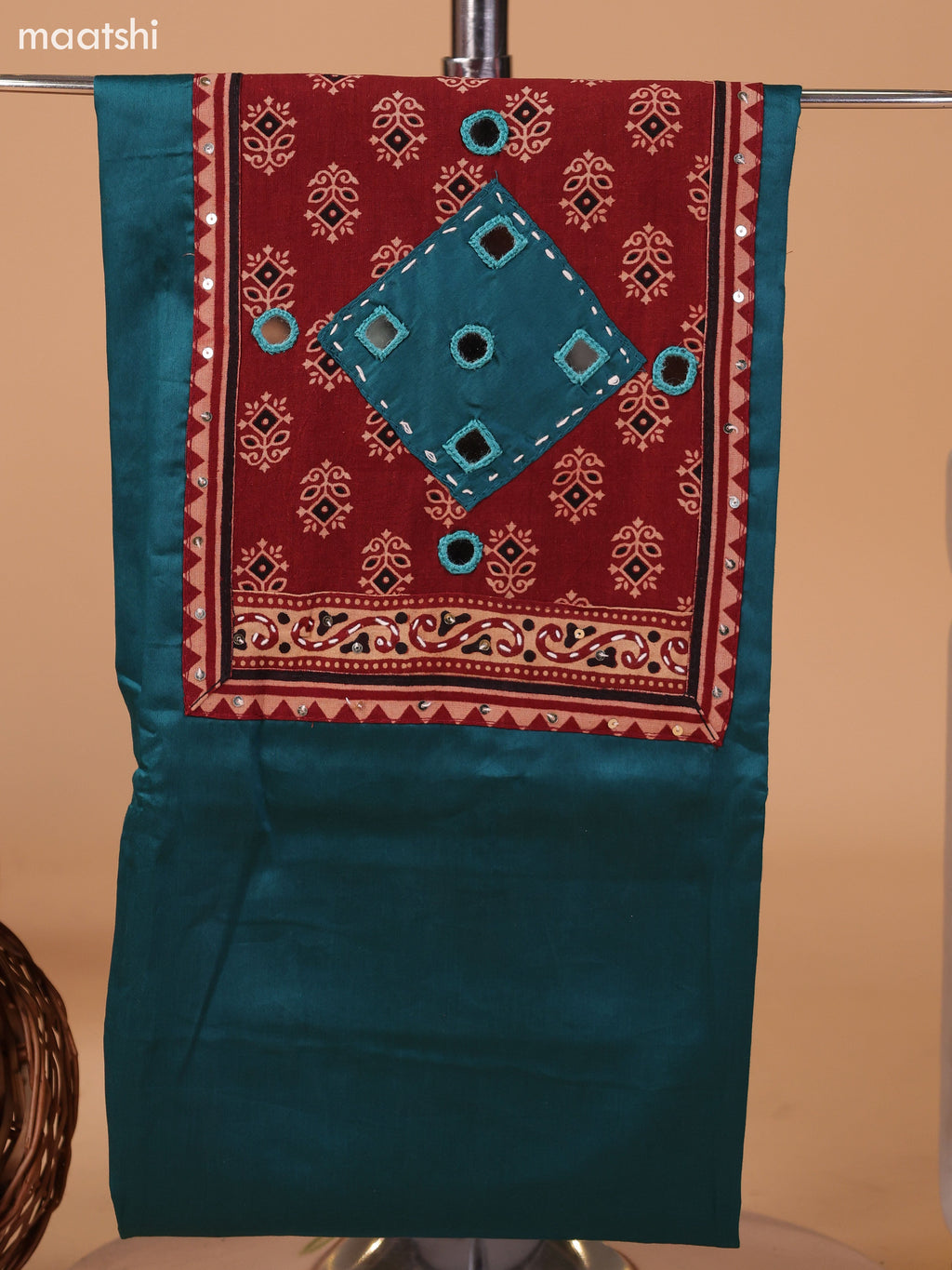 Peacock Green and Dark Rust Cotton Dress Material With Plain Body & Patch Work Neck Pattern and Bottom & Bandhani Prints Dupatta