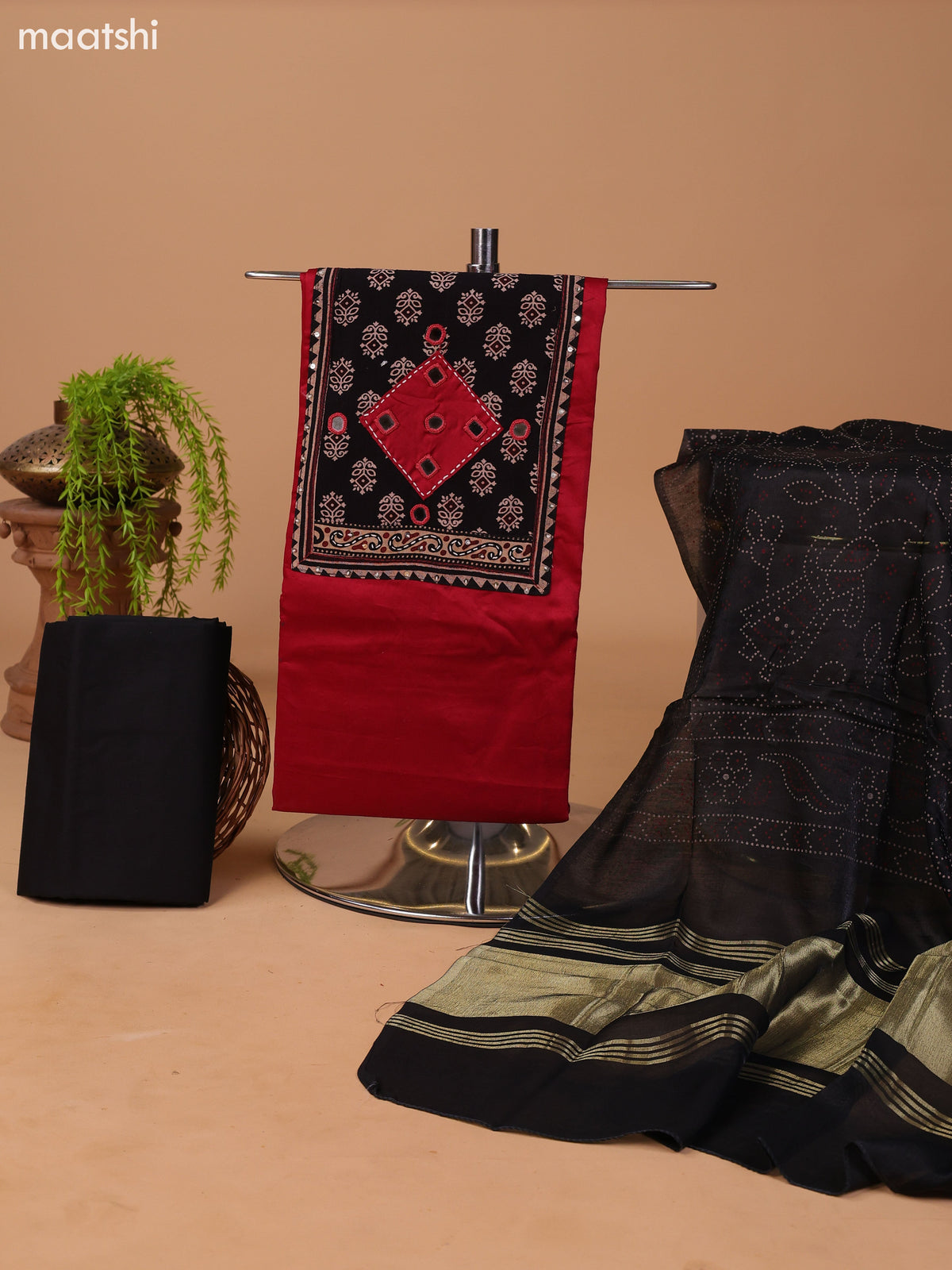 Maroon and Black Cotton Dress Material With Plain Body & Patch Work Neck Pattern and Bottom & Bandhani Prints Dupatta