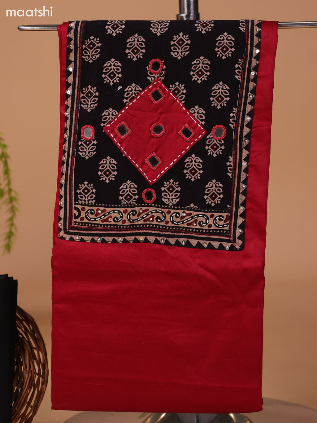 Maroon and Black Cotton Dress Material With Plain Body & Patch Work Neck Pattern and Bottom & Bandhani Prints Dupatta