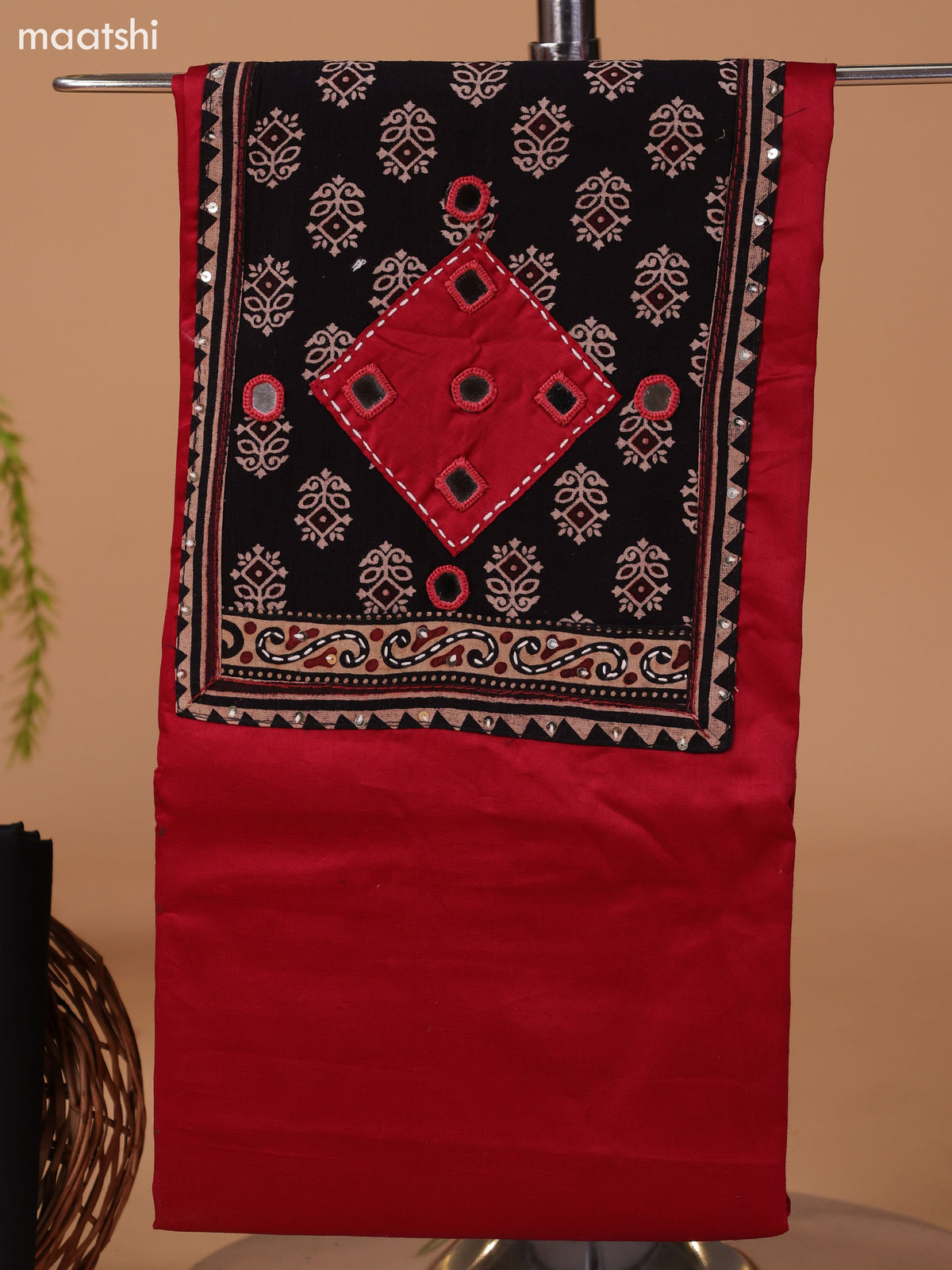 Maroon and Black Cotton Dress Material With Plain Body & Patch Work Neck Pattern and Bottom & Bandhani Prints Dupatta