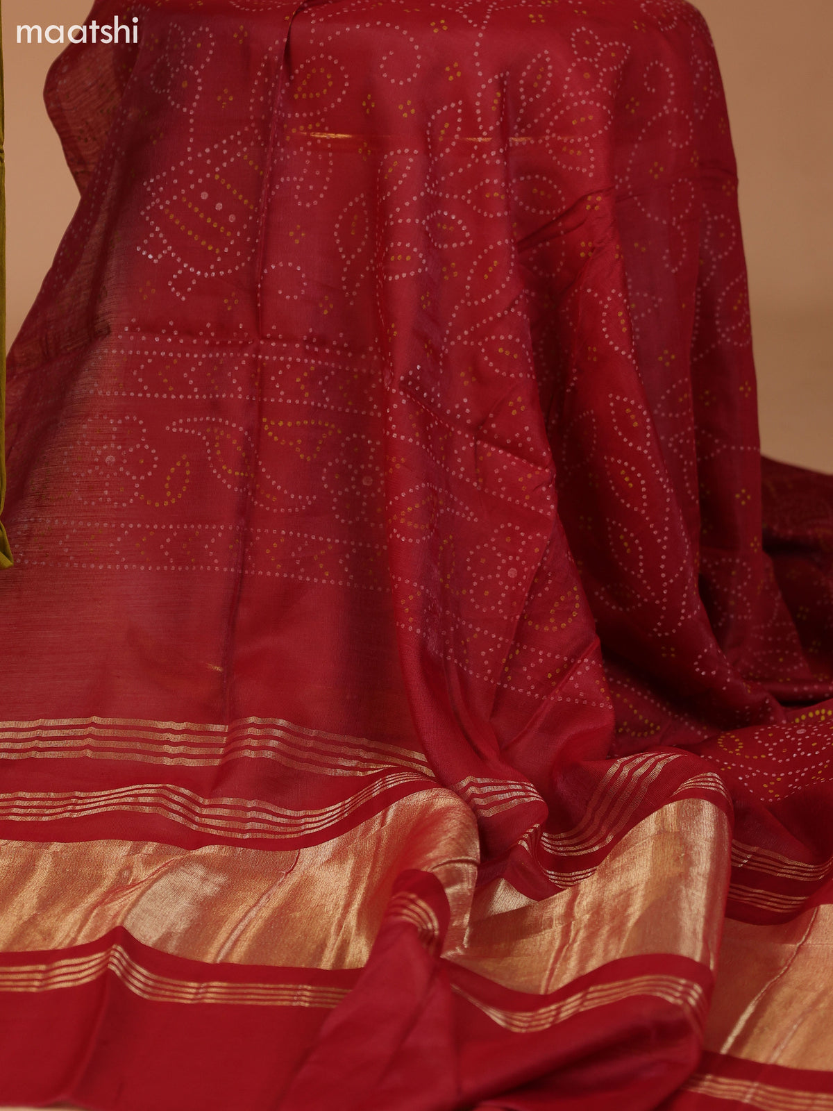 Mustard Green and Rust Cotton Dress Material With Plain Body & Patch Work Neck Pattern and Bottom & Bandhani Prints Dupatta