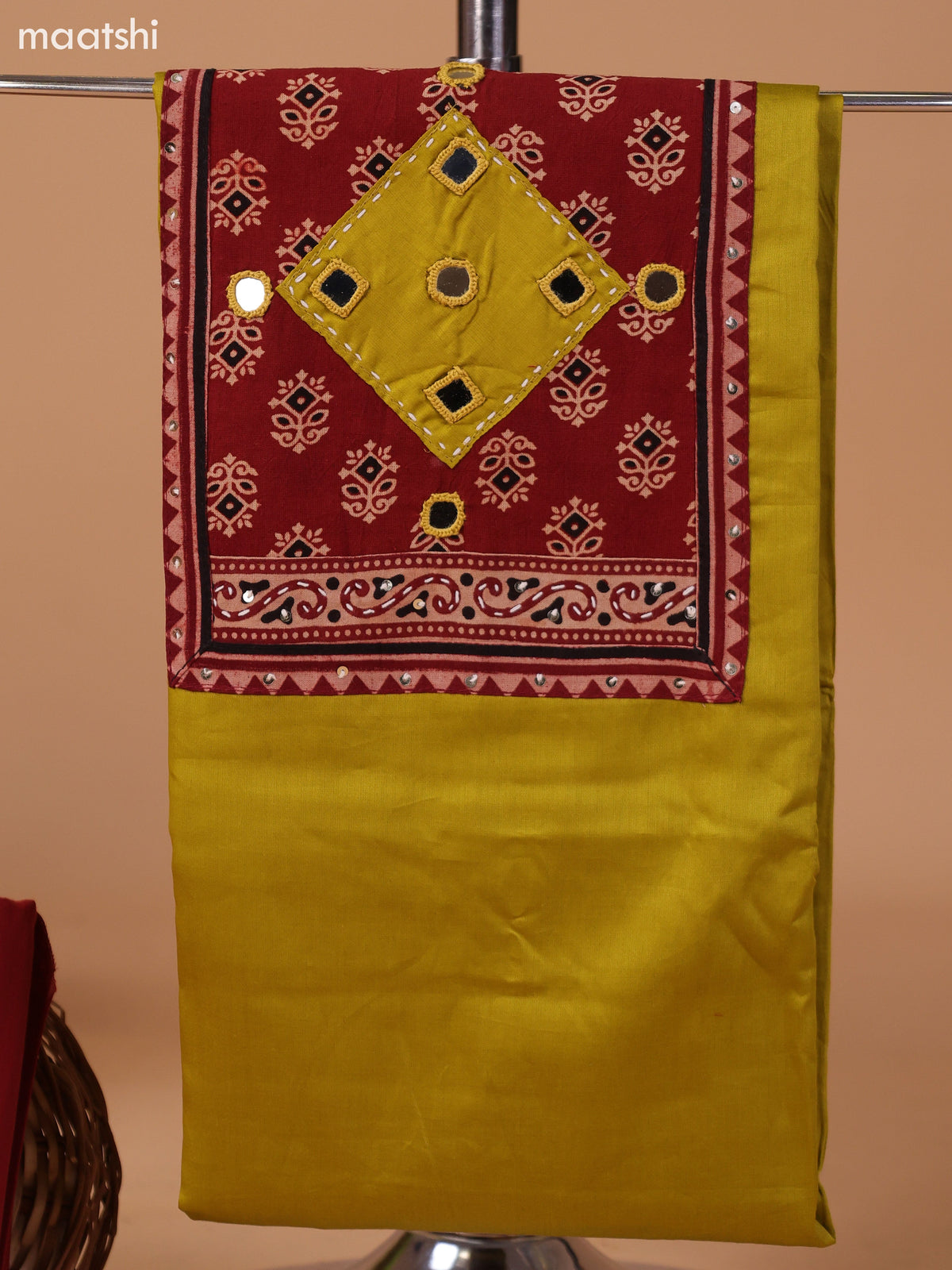 Mustard Green and Rust Cotton Dress Material With Plain Body & Patch Work Neck Pattern and Bottom & Bandhani Prints Dupatta