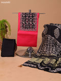 Reddish Pink and Black Cotton Dress Material With Plain Body & Patch Work Neck Pattern and Bottom & Dupatta