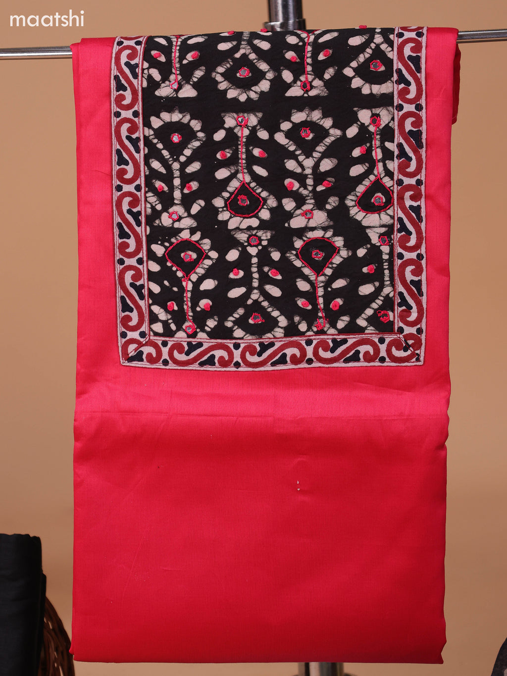 Reddish Pink and Black Cotton Dress Material With Plain Body & Patch Work Neck Pattern and Bottom & Dupatta