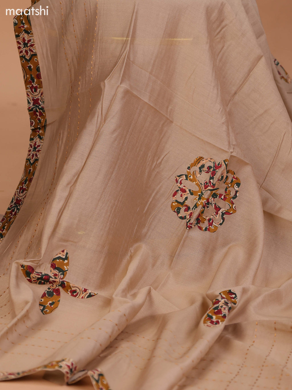 Mustard Yellow and Beige Cotton Dress Material With Kalamkari Prints & Patch Work Neck Pattern and Bottom & Dupatta