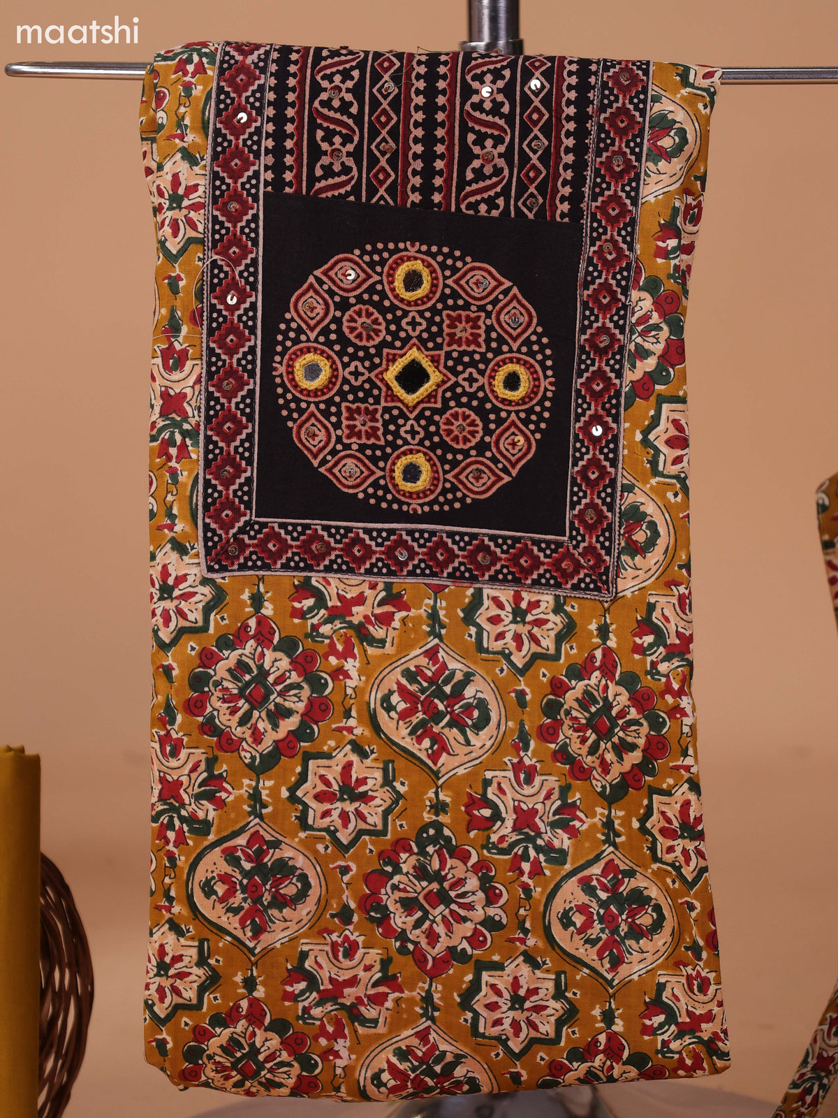 Mustard Yellow and Beige Cotton Dress Material With Kalamkari Prints & Patch Work Neck Pattern and Bottom & Dupatta