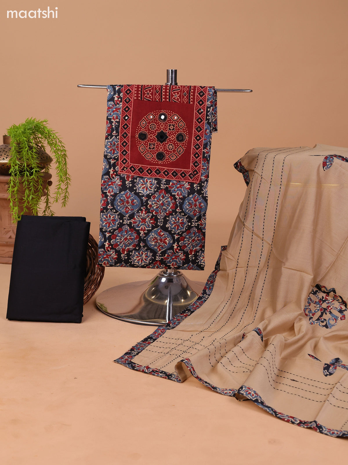 Black and Beige Cotton Dress Material With Kalamkari Prints & Patch Work Neck Pattern and Bottom & Dupatta