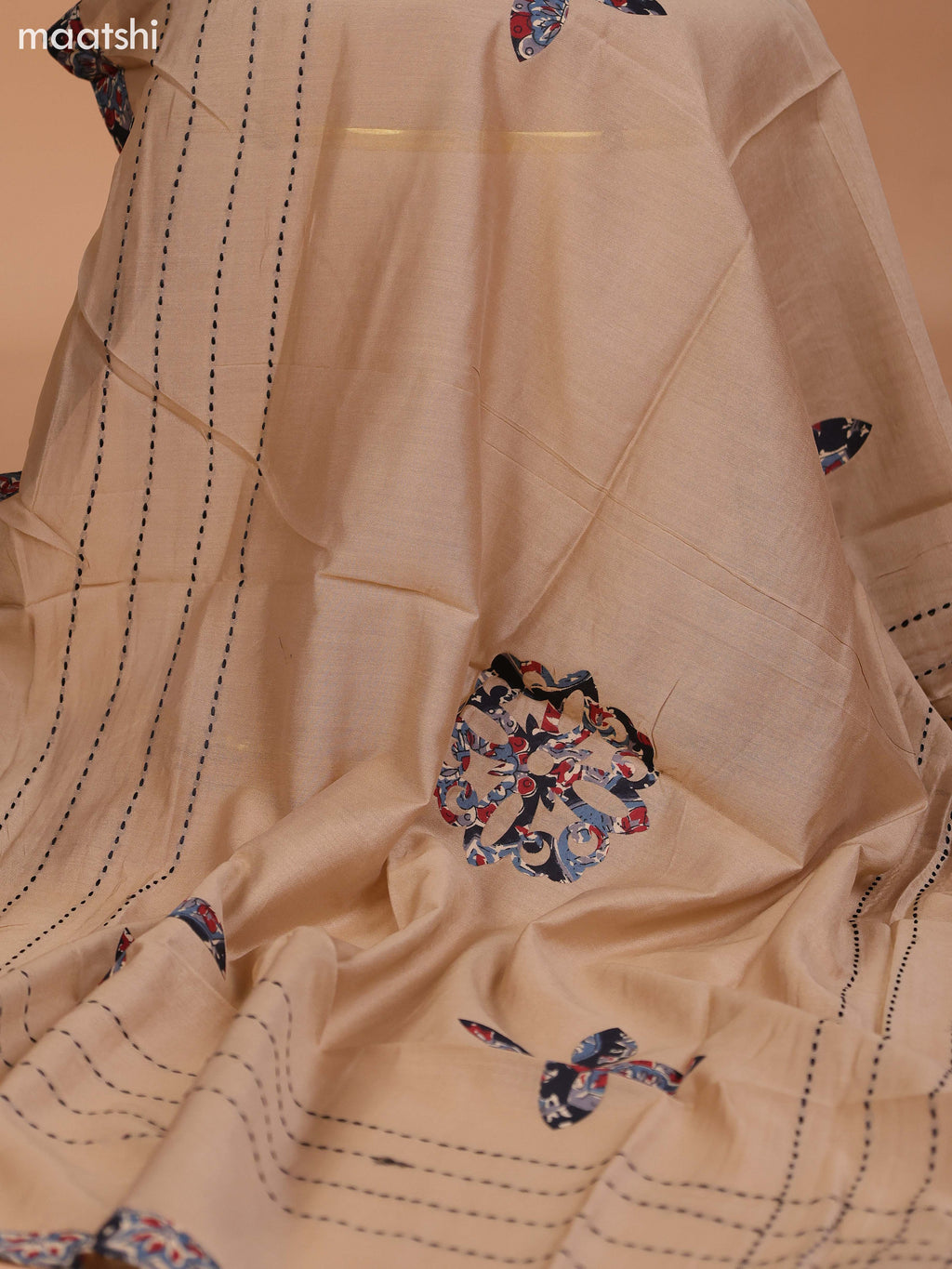 Black and Beige Cotton Dress Material With Kalamkari Prints & Patch Work Neck Pattern and Bottom & Dupatta