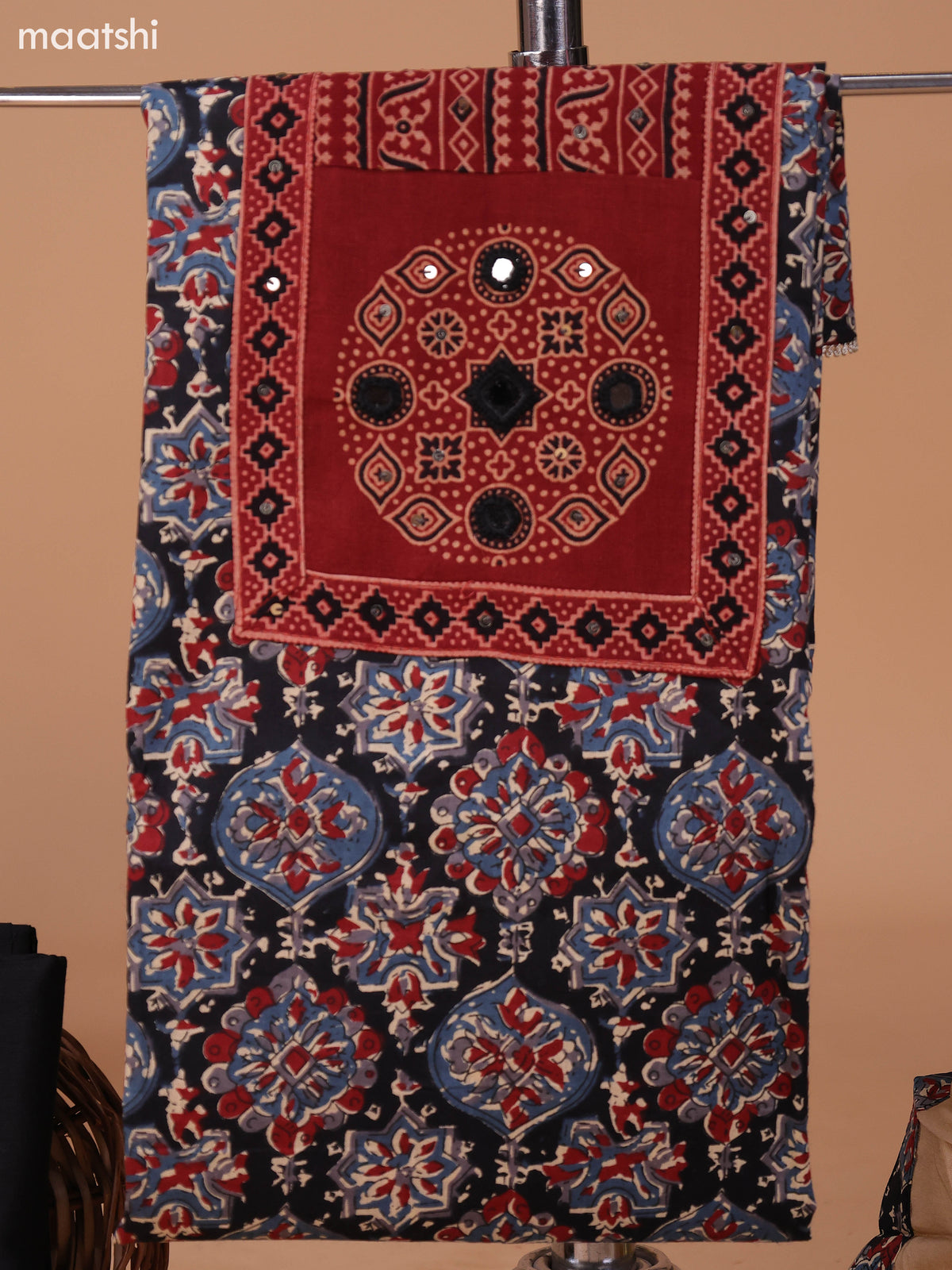 Black and Beige Cotton Dress Material With Kalamkari Prints & Patch Work Neck Pattern and Bottom & Dupatta