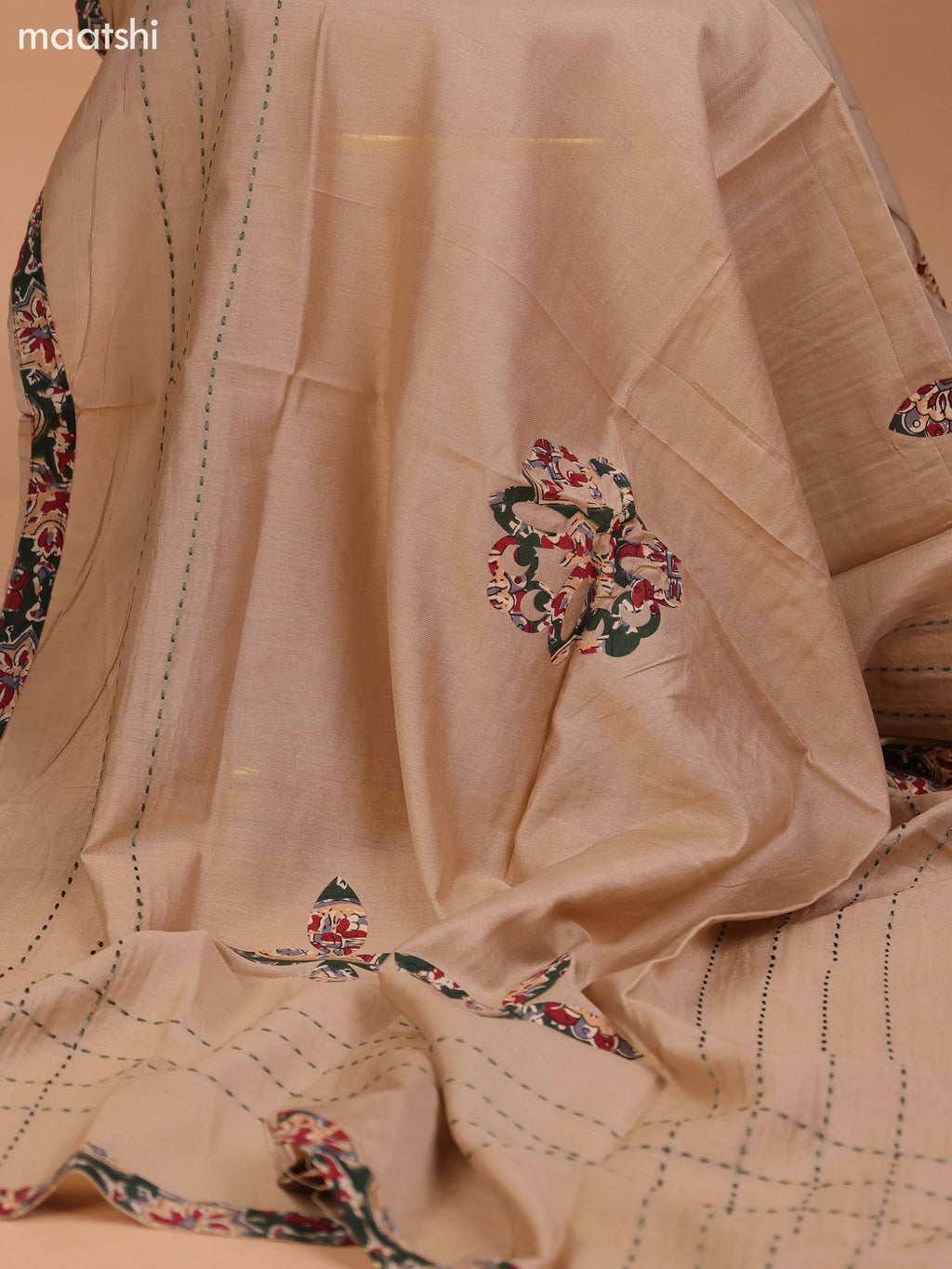 Sap Green and Beige Cotton Dress Material With Kalamkari Prints & Patch Work Neck Pattern and Bottom & Dupatta