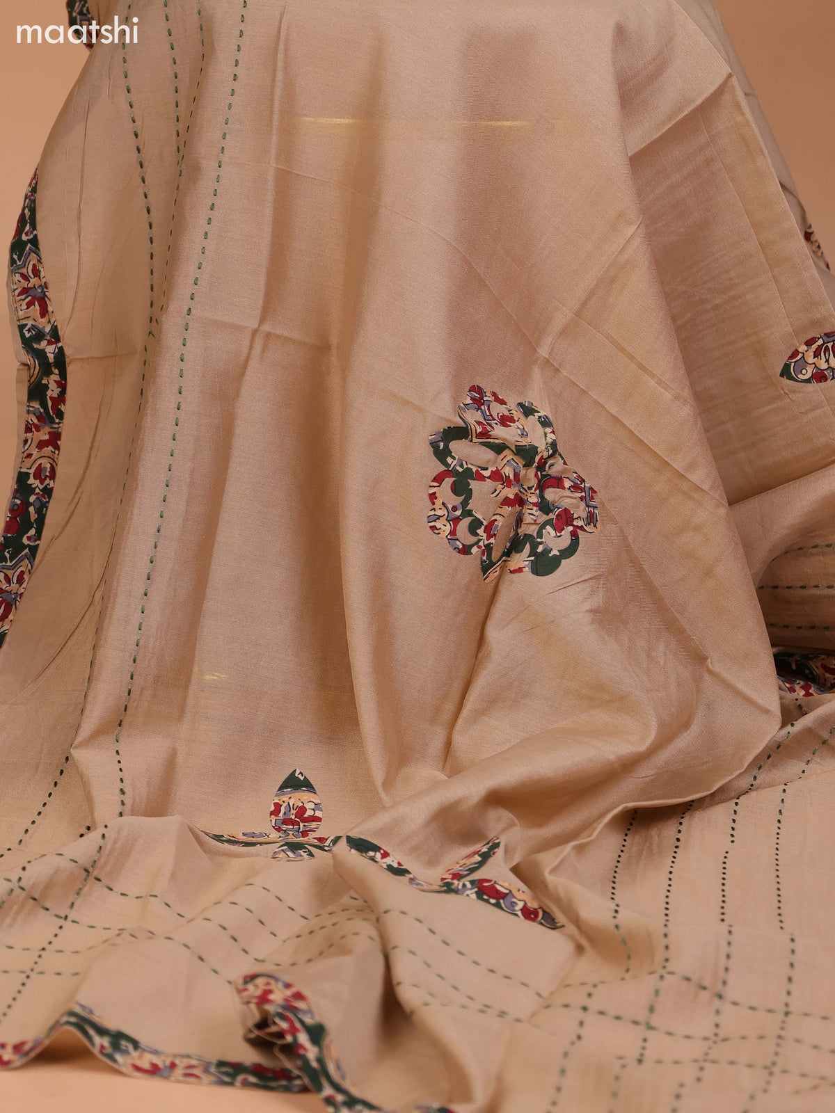 Sap Green and Beige Cotton Dress Material With Kalamkari Prints & Patch Work Neck Pattern and Bottom & Dupatta