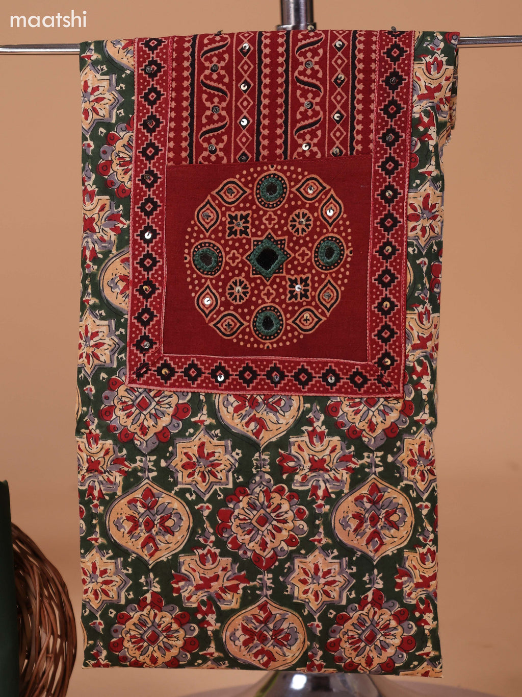 Sap Green and Beige Cotton Dress Material With Kalamkari Prints & Patch Work Neck Pattern and Bottom & Dupatta