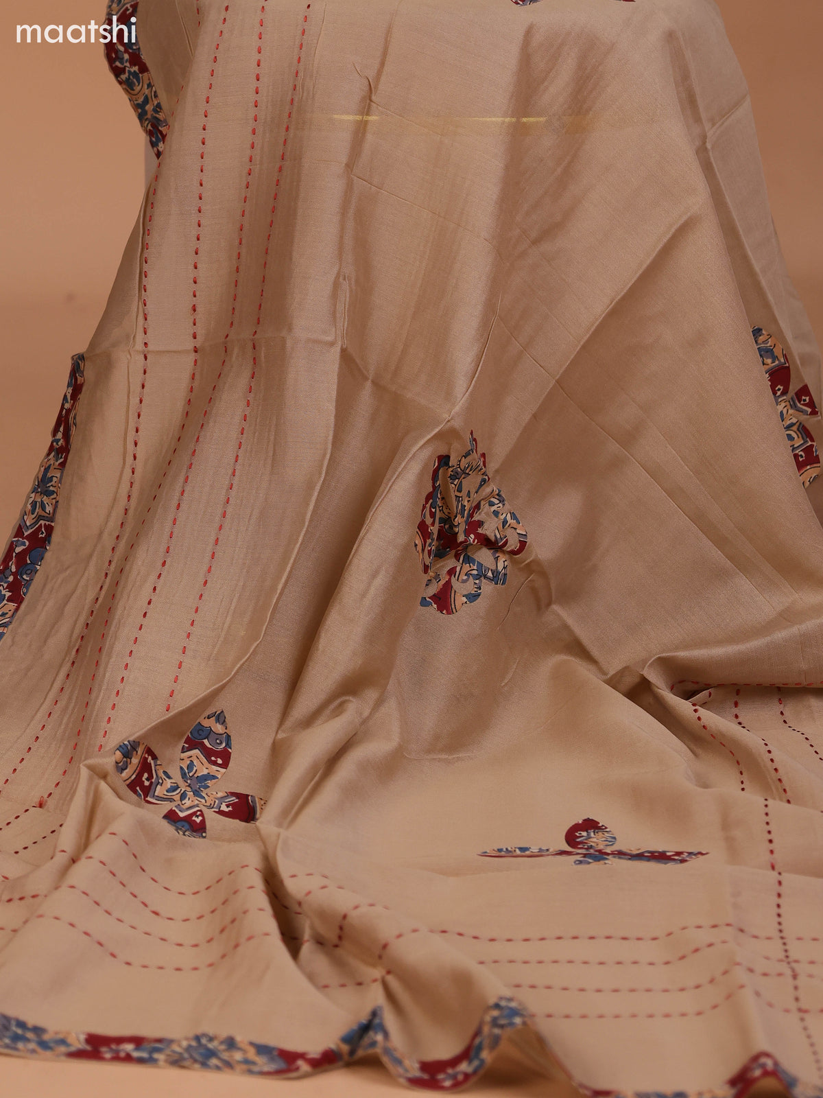 Dark Rust and Beige Cotton Dress Material With Kalamkari Prints & Patch Work Neck Pattern and Bottom & Dupatta