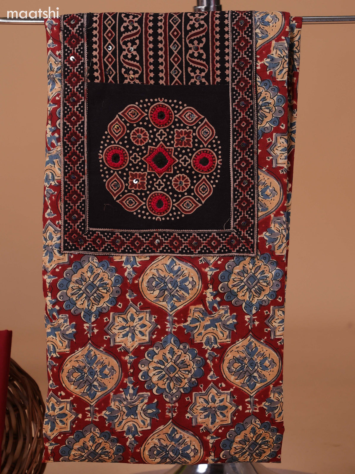 Dark Rust and Beige Cotton Dress Material With Kalamkari Prints & Patch Work Neck Pattern and Bottom & Dupatta
