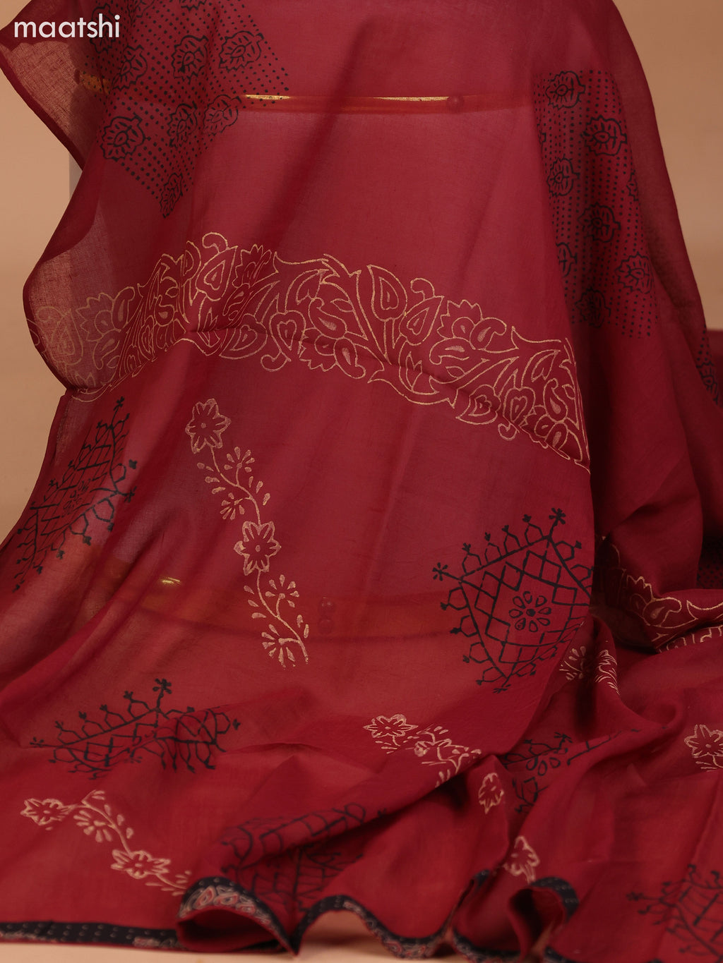 Black and Dark Rust Cotton Dress Material With Allover Prints & Embroidery Work Neck Pattern and Bottom & Dupatta