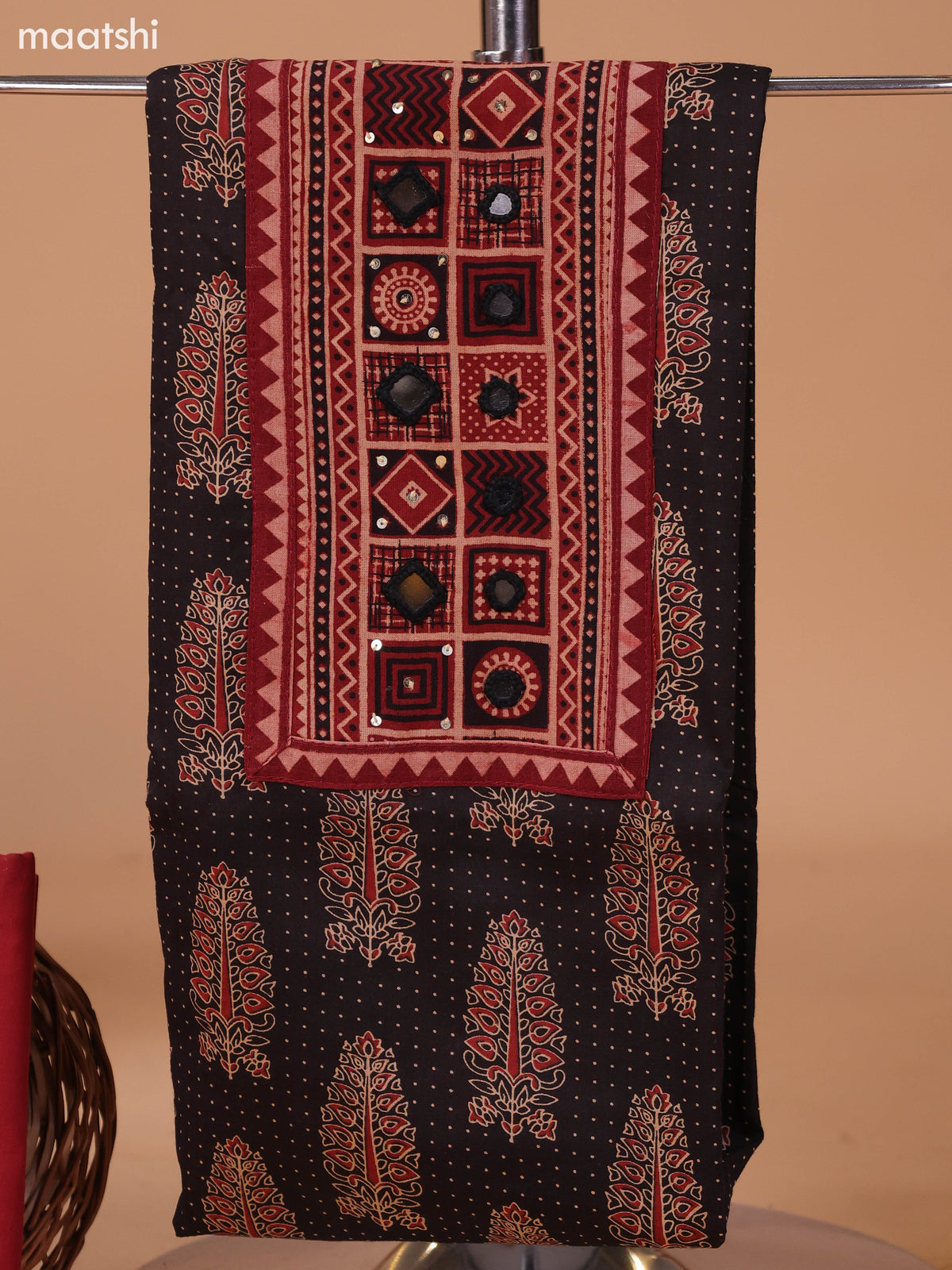 Black and Dark Rust Cotton Dress Material With Allover Prints & Embroidery Work Neck Pattern and Bottom & Dupatta