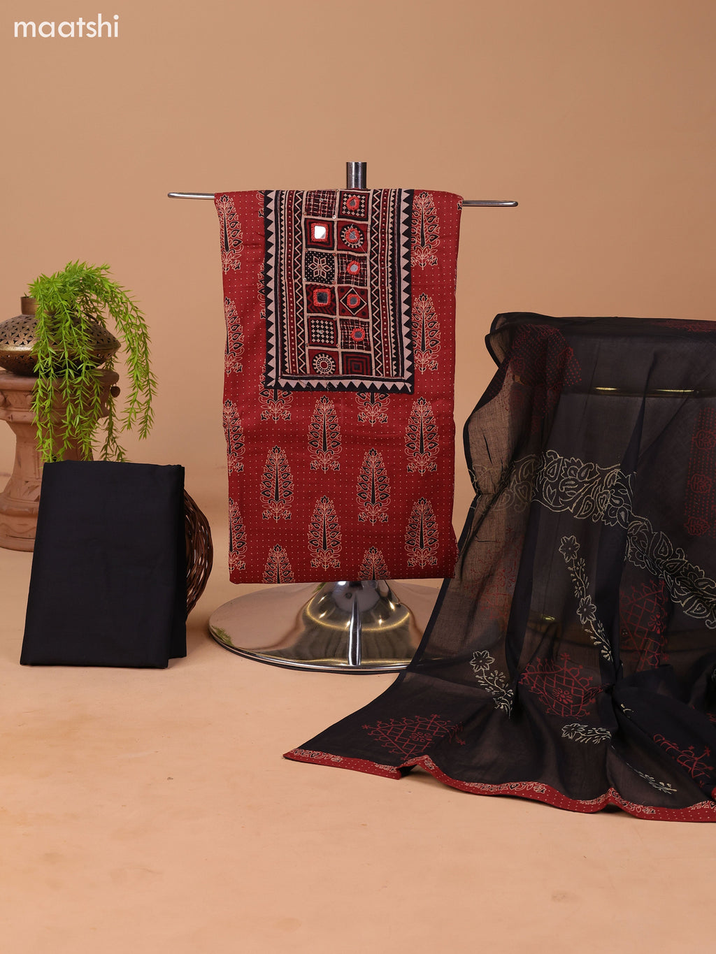 Dark Rust and Black Cotton Dress Material With Allover Prints & Embroidery Work Neck Pattern and Bottom & Dupatta