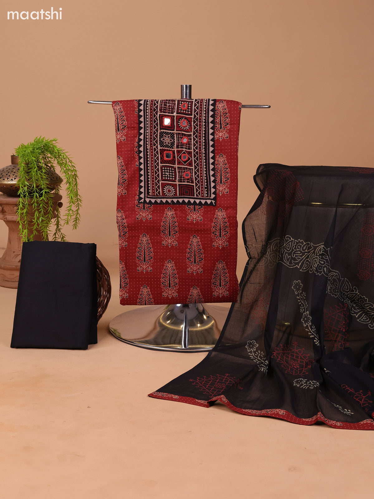 Dark Rust and Black Cotton Dress Material With Allover Prints & Embroidery Work Neck Pattern and Bottom & Dupatta