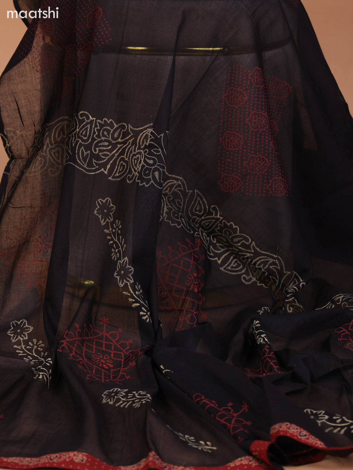 Dark Rust and Black Cotton Dress Material With Allover Prints & Embroidery Work Neck Pattern and Bottom & Dupatta