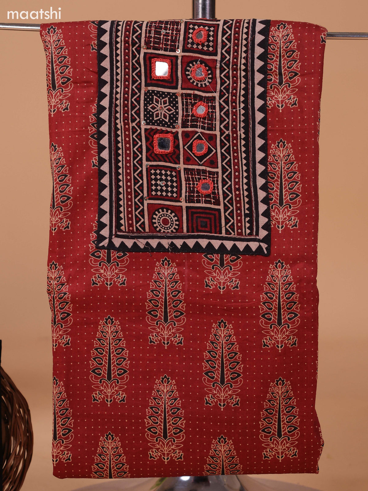 Dark Rust and Black Cotton Dress Material With Allover Prints & Embroidery Work Neck Pattern and Bottom & Dupatta