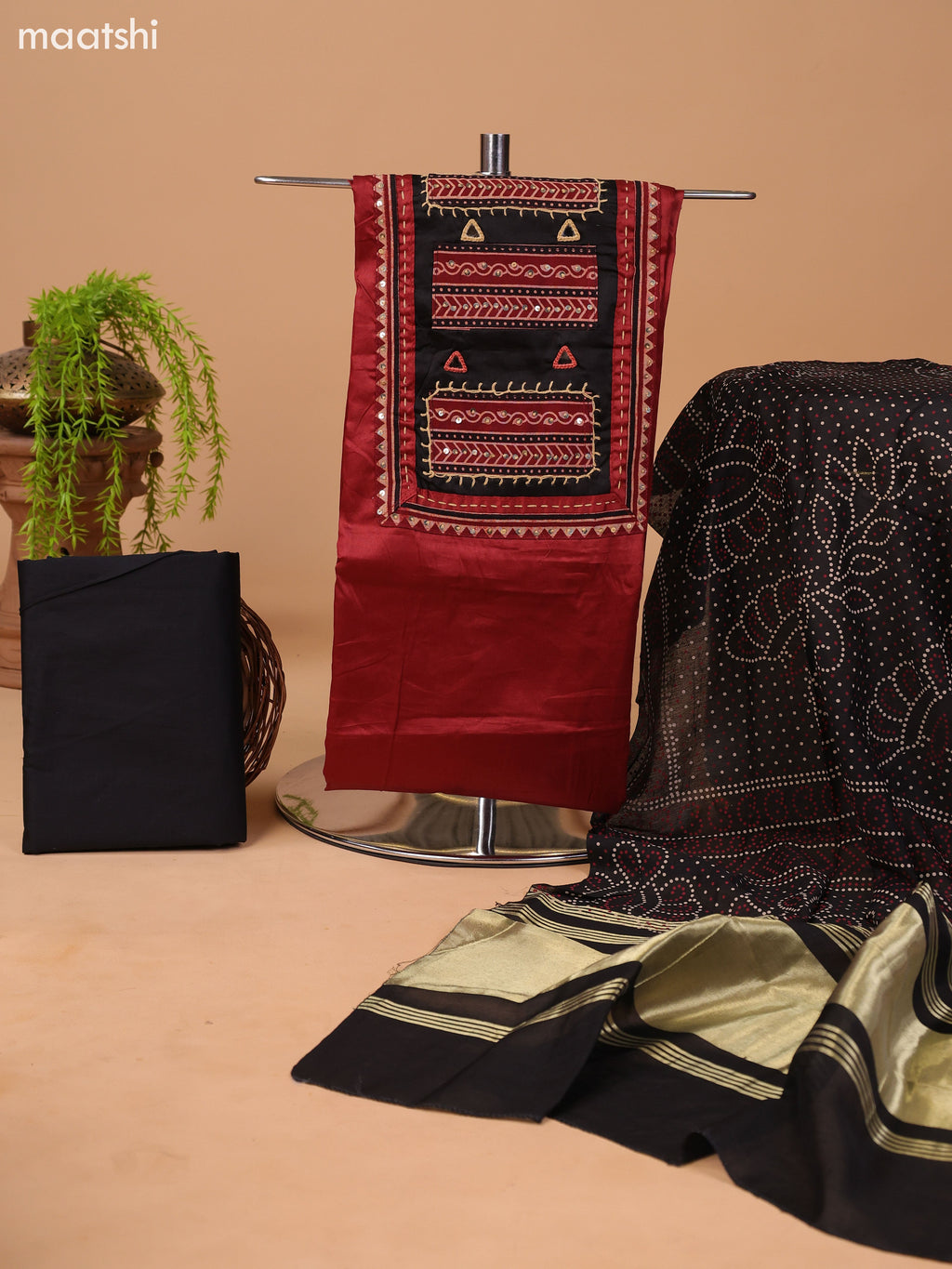 Dark Rust and Black Cotton Dress Material With Plain Body & Embroidery Work Neck Pattern and Bottom & Bandhani Prints Dupatta