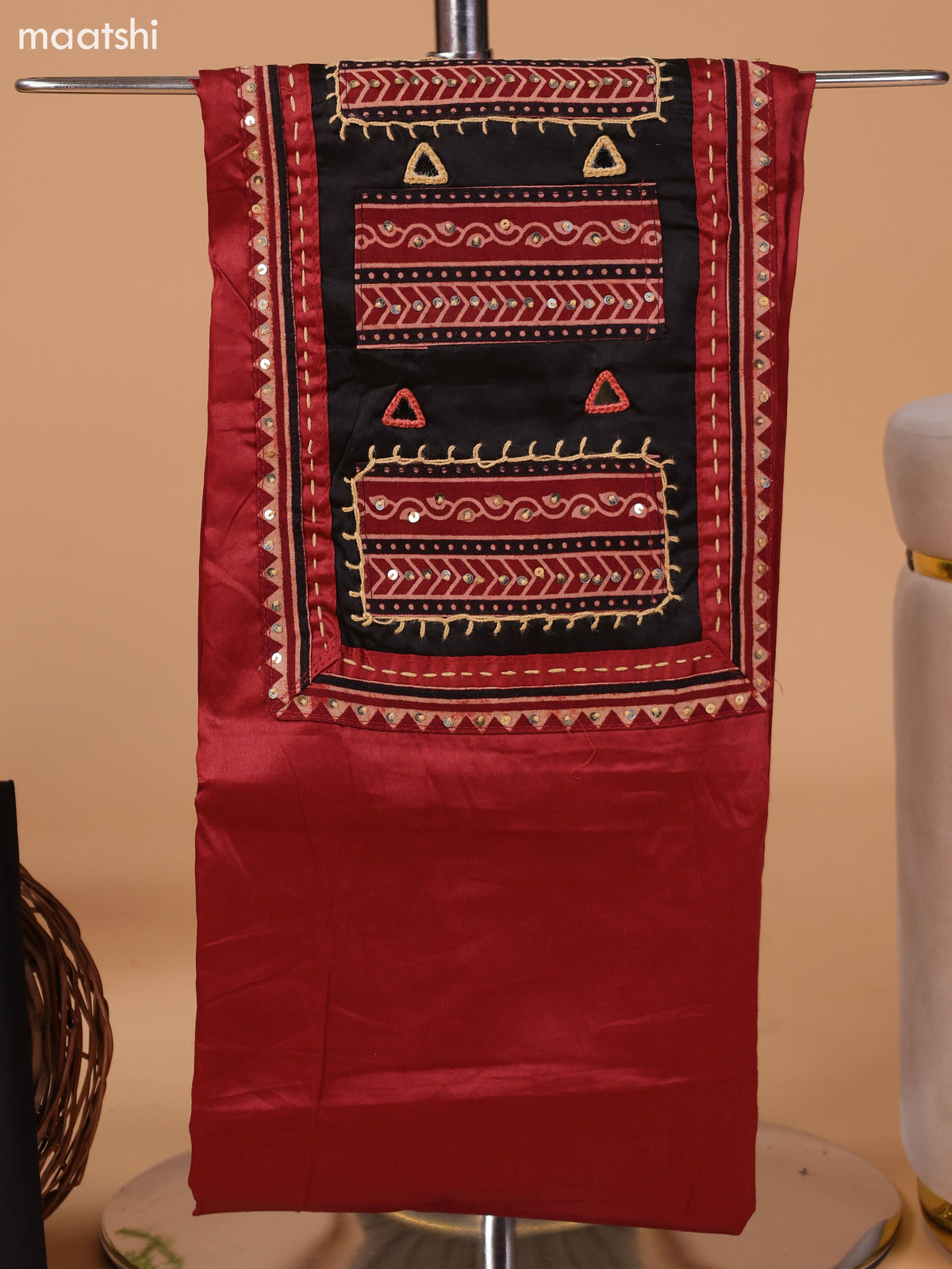 Dark Rust and Black Cotton Dress Material With Plain Body & Embroidery Work Neck Pattern and Bottom & Bandhani Prints Dupatta