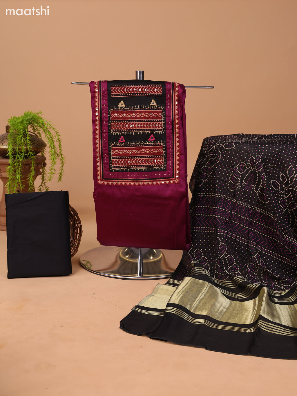 Wine Shade and Black Cotton Dress Material With Plain Body & Embroidery Work Neck Pattern and Bottom & Bandhani Prints Dupatta