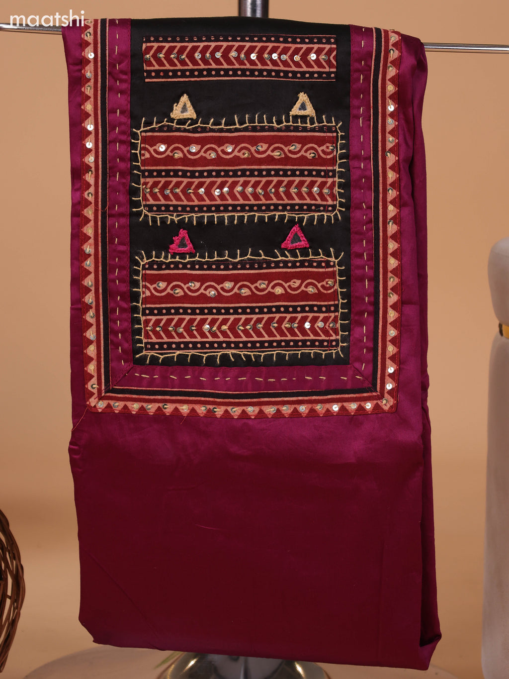 Wine Shade and Black Cotton Dress Material With Plain Body & Embroidery Work Neck Pattern and Bottom & Bandhani Prints Dupatta