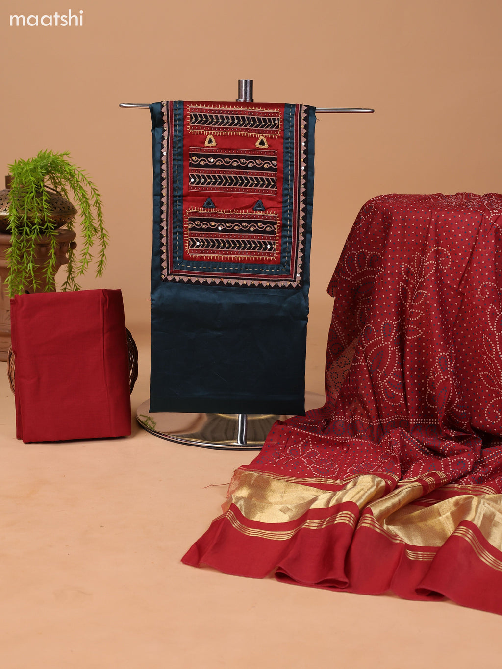 Dark Peacock Green and Rust Cotton Dress Material With Plain Body & Embroidery Work Neck Pattern and Bottom & Bandhani Prints Dupatta