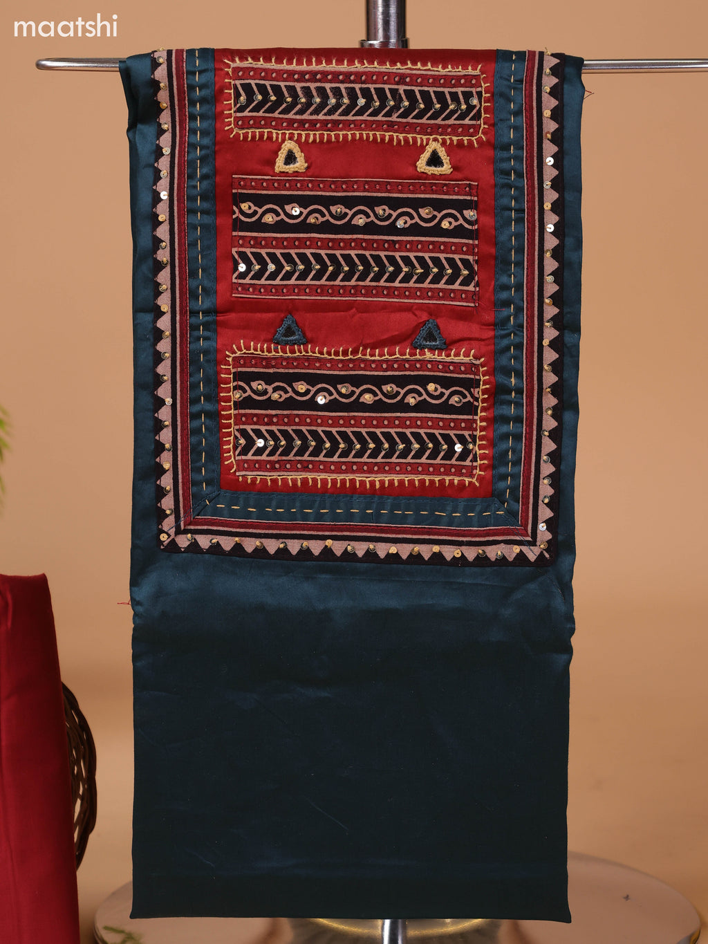 Dark Peacock Green and Rust Cotton Dress Material With Plain Body & Embroidery Work Neck Pattern and Bottom & Bandhani Prints Dupatta