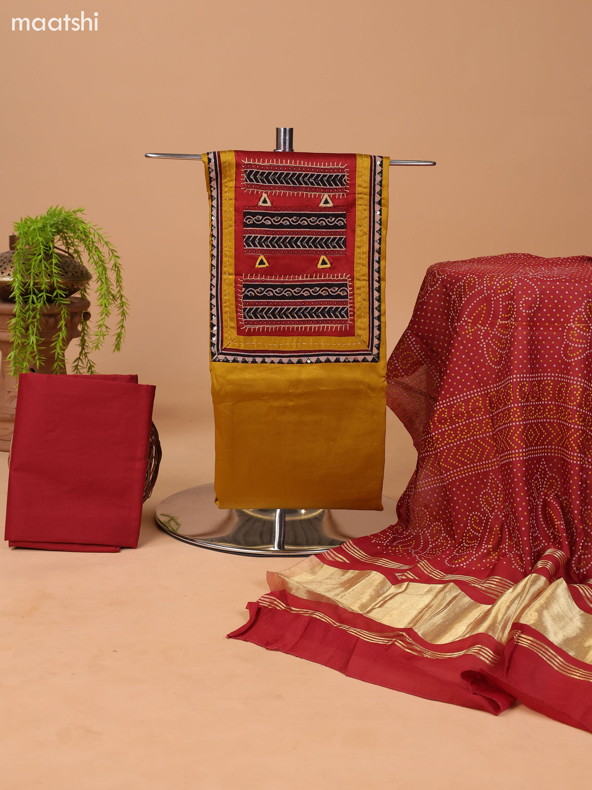 Mustard Yellow and Rust Cotton Dress Material With Plain Body & Embroidery Work Neck Pattern and Bottom & Bandhani Prints Dupatta