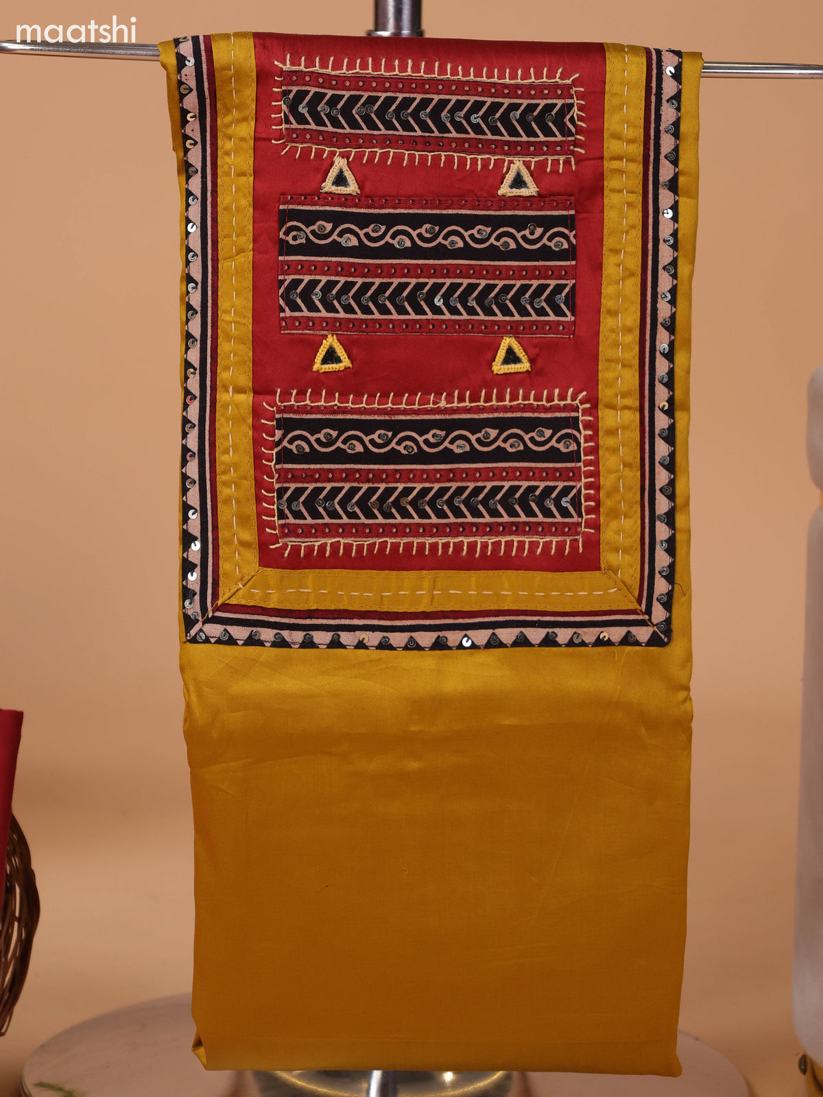 Mustard Yellow and Rust Cotton Dress Material With Plain Body & Embroidery Work Neck Pattern and Bottom & Bandhani Prints Dupatta