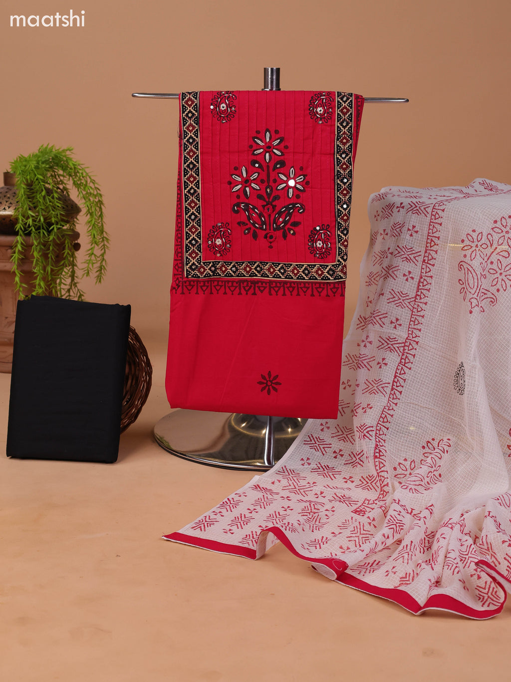 Reddish Pink and Black Cotton Dress Material With Block Prints & Embroidery Work Neck Pattern and Bottom & Dupatta