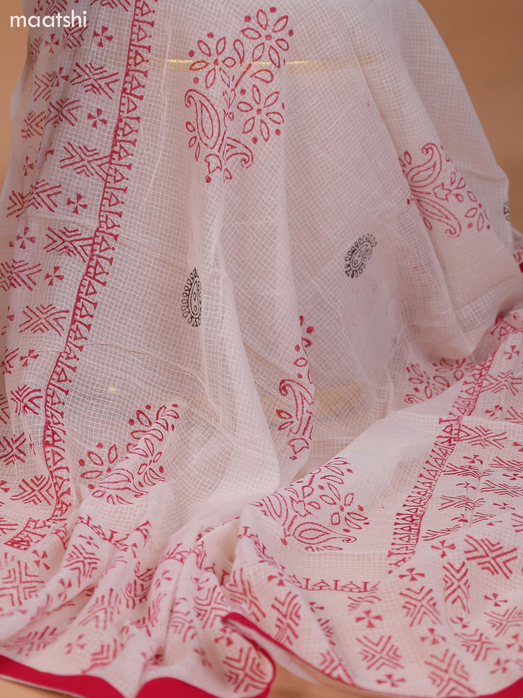 Reddish Pink and Black Cotton Dress Material With Block Prints & Embroidery Work Neck Pattern and Bottom & Dupatta