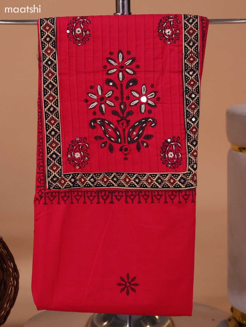 Reddish Pink and Black Cotton Dress Material With Block Prints & Embroidery Work Neck Pattern and Bottom & Dupatta